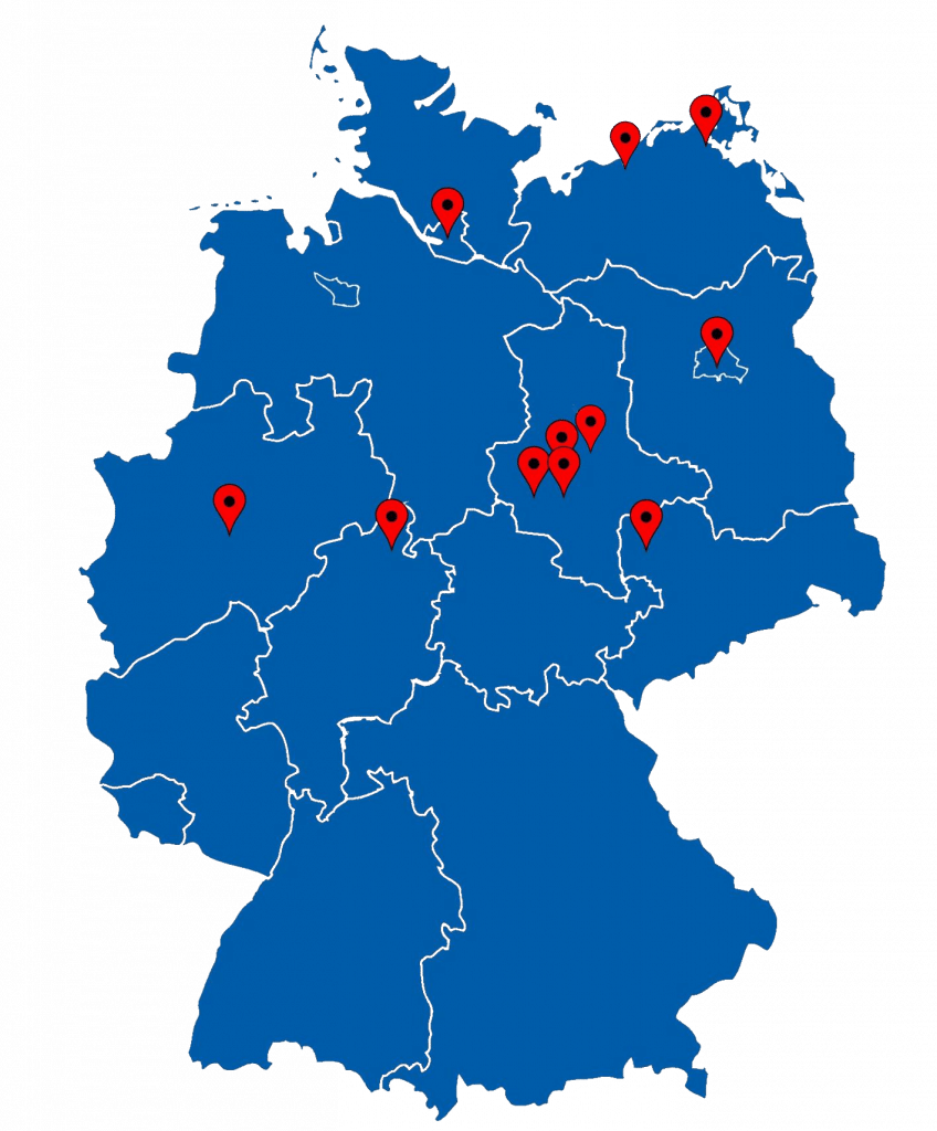 Die Karte zeigt den Standort von 11 Filialen des Blechdachhandels in Deutschland. Jeder Standort ist durch einen roten Marker auf der Karte markiert und zeigt, dass das Unternehmen in vielen Teilen Deutschlands vertreten ist.